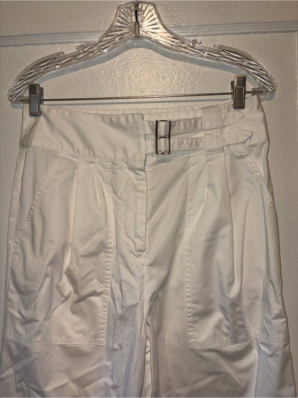 Nili Lotan White High Waisted Double Buckle Waist Cargo Tapered 6 Cotton Pants